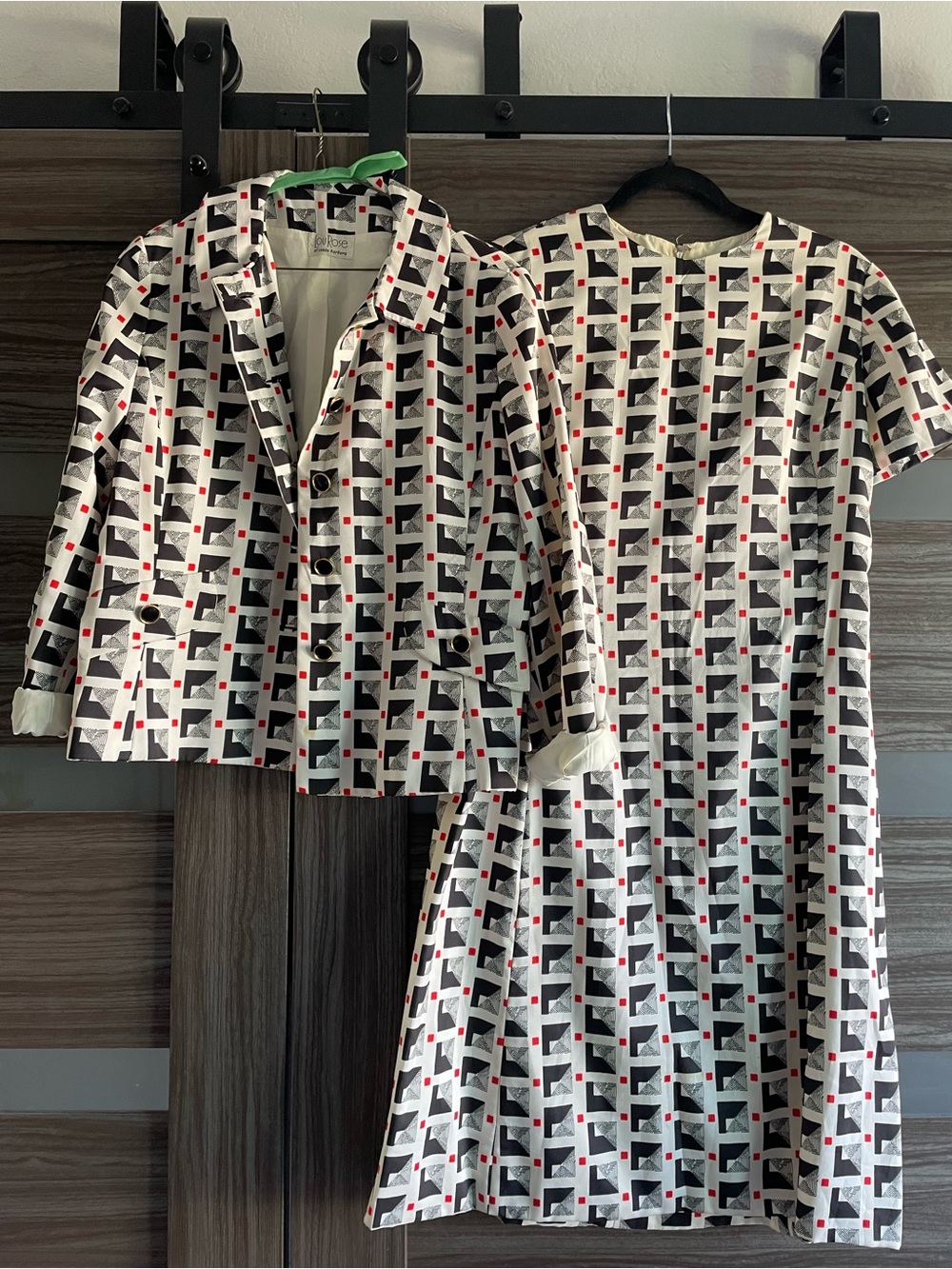 VTG Lou Rose Santa Barbara 1980s Geometric Black & White Dress Matching Jacket